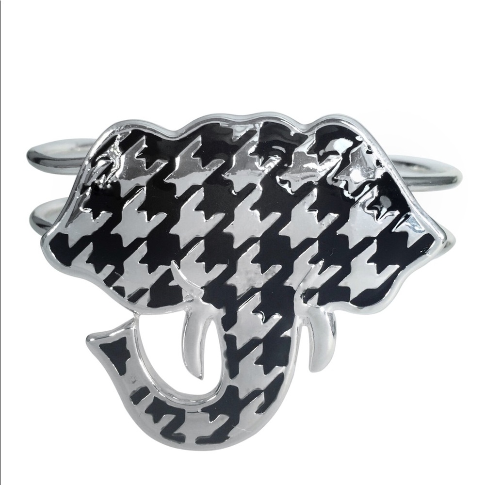 Houndstooth Print Silver & Black Large Statement Elephant Hinged Bangle Bracelet